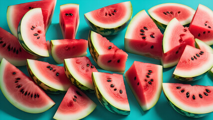 Sliced watermelon on a turquoise background. Generative AI