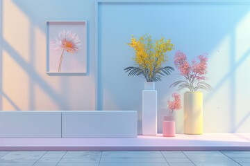 Art gallery flat design side view exhibition 3D render colored pastel