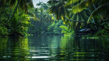 A lush green jungle with a river running through it
