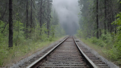 Obraz premium Train tracks passing through the forest, Generative AI