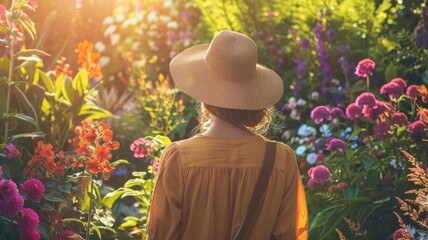 Caucasian woman in garden wearing sunhat and yellow dress, surrounded by colorful flowers under sunlight - Powered by Adobe