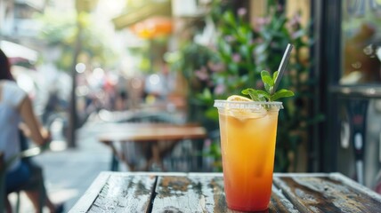 Tangy iced tea with lemon and mint on rustic outdoor table