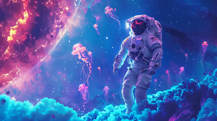 In the deep sea, there is an astronaut standing on top of jellyfishes floating in blue water. The sky above them glows with stars and nebulae. A group of glowing jelly fish floats around him