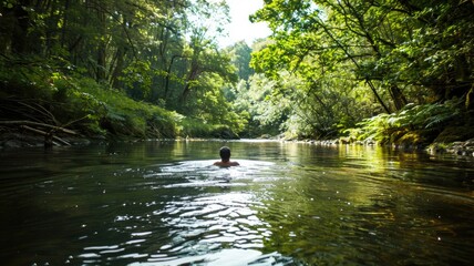 Person swimming in forest river during daytime - Powered by Adobe