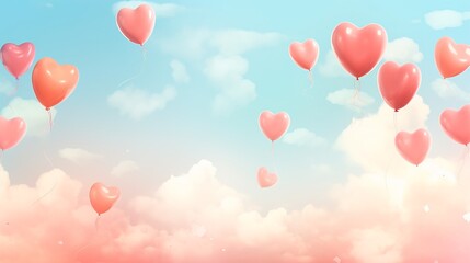 Whimsical scene with red heart-shaped balloons floating in the sky among fluffy pink and white clouds, evoking love and romance.