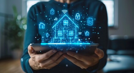 Businessman holding tablet with smart home security system, house icons and digital lock hologram on screen, online tech concept for web design or marketing technology background