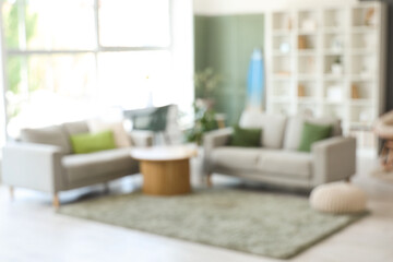 Fototapeta premium Interior of stylish modern living room with surfboard and sofas, blurred view
