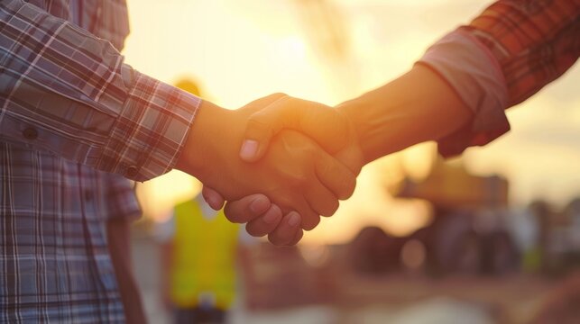 Successful deal, male architect shaking hands with client in construction site after confirm blueprint for renovate building.