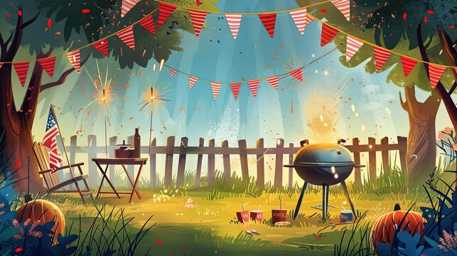 Hand-painted clipart of 4th of July picnic scene with barbecue, flags, and sparklers