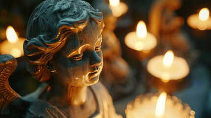 Obraz premium Angel statues surrounded by flickering candles in a dark room