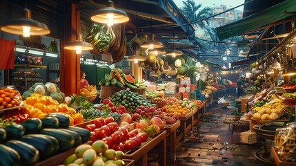 Obraz premium super realistic scene of a bustling farmer’s market with colorful fruits and vegetables,