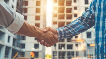 Successful deal, male architect shaking hands with client in construction site after confirm blueprint for renovate building.