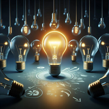 Bombillo iluminado rodeado de bombillos apagados como concepto de idea de negocios millonaria.