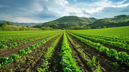 Obraz premium Green vegetable rows in rural agricultural land with a stunning spring landscape in the background