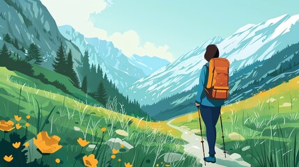 Hiking trail flat design side view exploration cartoon drawing Splitcomplementary color scheme