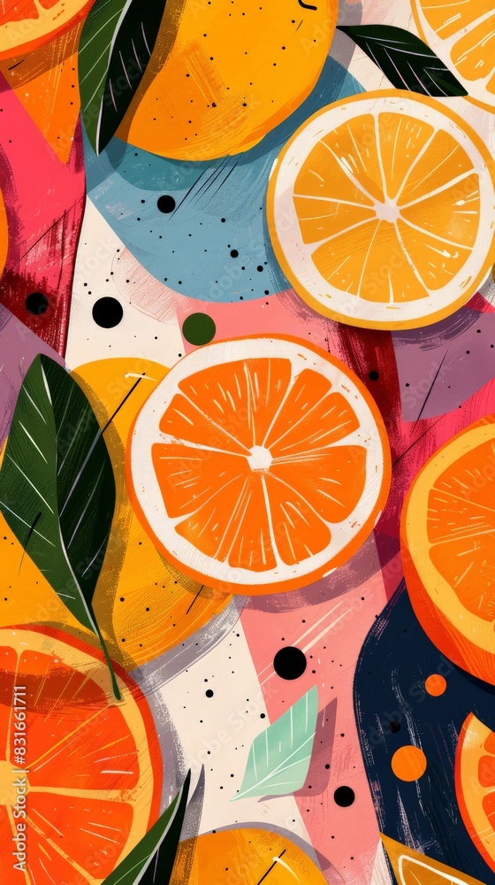 Poster abstract illustration of oranges and citrus fruits with leaves on a colorful background. modern art 