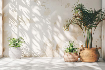 Fototapeta premium A white wall with a plant in a basket and two other plants in pots. The plants are in the sun, casting shadows on the wall. The room has a minimalist and natural feel to it