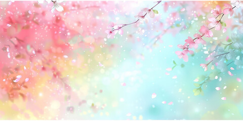 Cute pastel pink and baby blue gradient background with flying cherry blossom petals, Delicate cherry blossoms with pastel background in soft focus creating a dreamy and serene floral scene