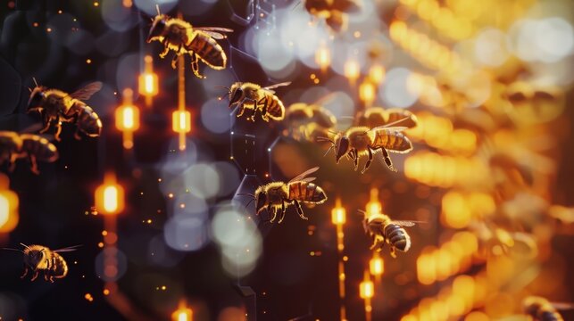 A hive of busy bees each one representing a unique DeFi use case or innovation all working in harmony to build a decentralized financial future.