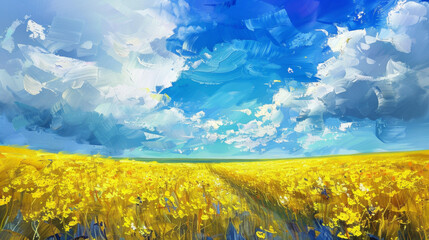 oil painting style, beautiful yellow flower field with clouds in the sky, colorful, high detailed, in the style of impressionism