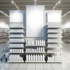 AI Generate of Mockup Supermarket Shelves with mockup blank goods in 3D render.	
