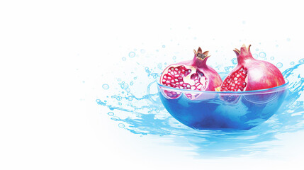 Double Exposure, White Background Bowl of Pomegranate Fruit illustration ~ Created using Generative AI