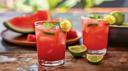 Fototapeta premium Delicious Watermelon juice with lime wedges and mint leaves