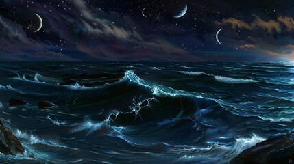 Celestial Influences: Night-time ocean scenes with celestial bodies like moons, stars, and planets visibly influencing the sea. 
