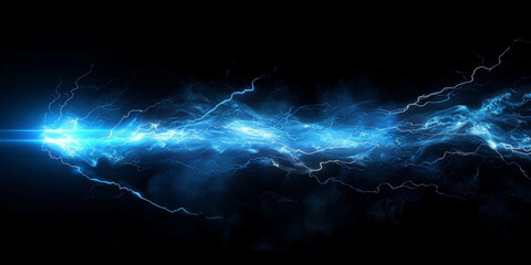 Powerful electric current with vibrant blue lightning bolts arcing across a dark background creating a sense of high energy and intensity with intricate patterns and glowing effects.
