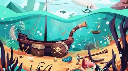 Sunken pirate treasure flat design front view, underwater fantasy, cartoon drawing, split-complementary color scheme