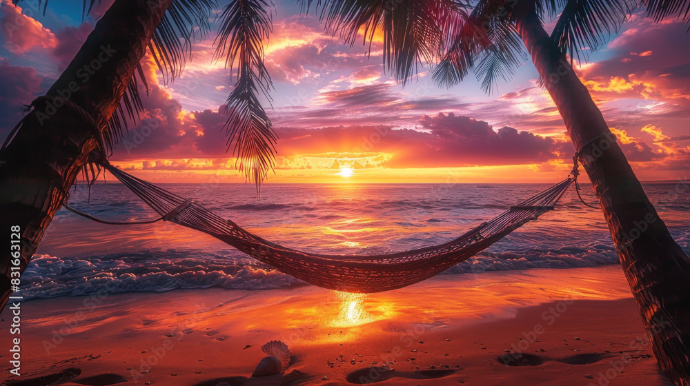 Poster A beach scene with a hammock hanging between two palm trees