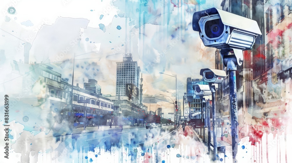 Poster watercolor illustration of multiple security cameras overlooking a city. ensuring public safety thro