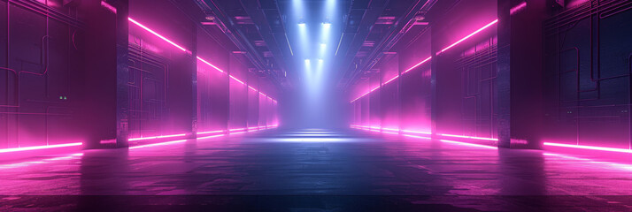 Futuristic corridor illuminated by vertical pink and purple neon lights with sleek modern panels and reflective floor creating an immersive high-tech atmosphere enhanced by misty fog
