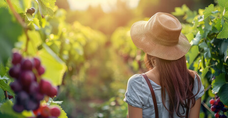 Fototapeta premium Woman in vineyard with straw hat looking at grape clusters