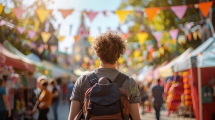 Naklejka premium Person with backpack walks through festive outdoor market colorful flags