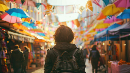 Obraz premium Caucasian woman walking in vibrant market with colorful umbrellas