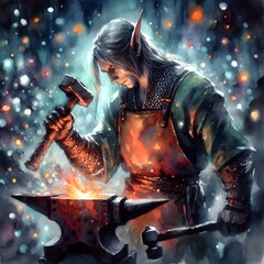 Elven blacksmith at work hitting an anvil with a hammer