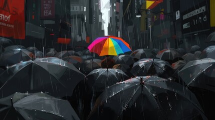 A rainbow umbrella being held by one person. Representation of the diversity and unity of the city