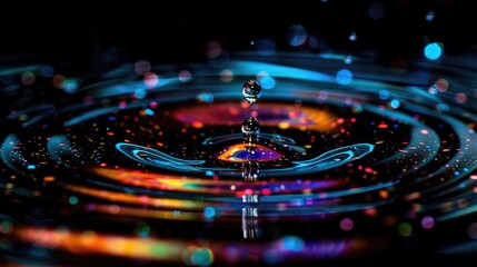 A dropping of water with a rainbow effect. The water is in a circular shape and has a splash of water coming out of it - Powered by Adobe