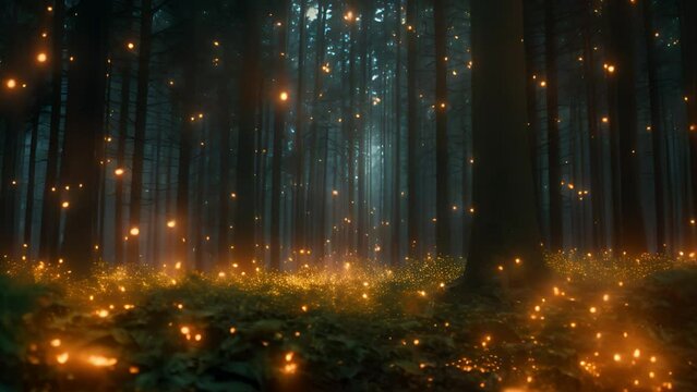 Magical forest with glowing fireflies and light beams.