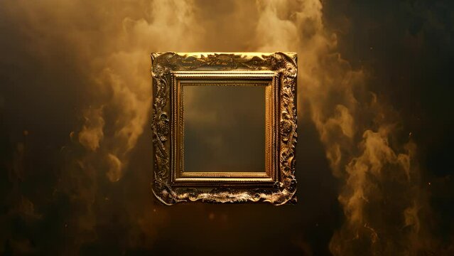 Ornate golden picture frame with intricate details on a smoky background.