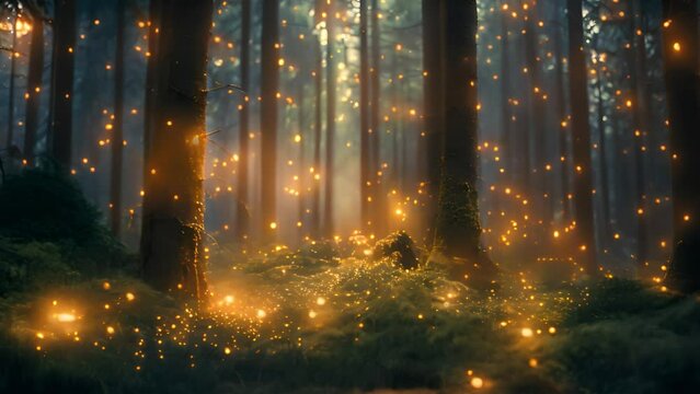 Magical forest with glowing fireflies and light beams.