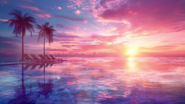 beautiful poolside and sunset with palm tree silhouette. seamless looping overlay 4k virtual video animation background