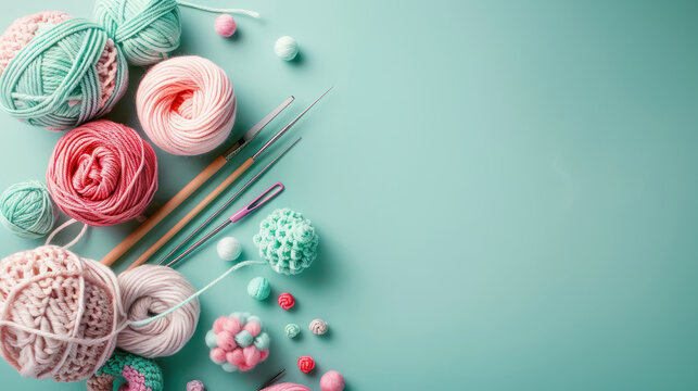 assorted knitting yarn and crochet tools on pastel teal background with copy space