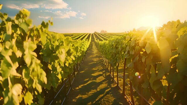 Vineyard at sunset with rows of grapevines under a golden sky.