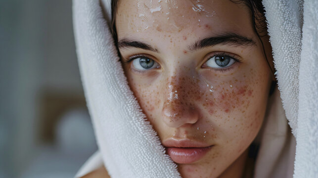 close up potrait woman in beige towel look at camera and pimples on face acne skin