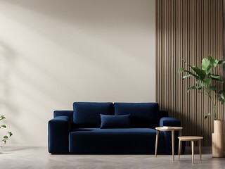  Living room with a bright dark blue indigo accent sofa - trend navy color. Beige ivory wall empty and painted as a blank for art. Modern lounge room interior design. 3d render 