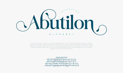 Abutilon premium luxury elegant alphabet letters and numbers. Vintage wedding typography classic serif font decorative vintage retro. creative vector illustration