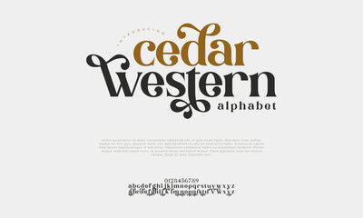 Cedar premium luxury elegant alphabet letters and numbers. Vintage wedding typography classic serif font decorative vintage retro. creative vector illustration
