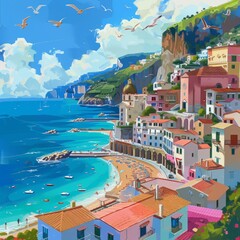 a promenade around a beach, view at the sea, sunny day, few town houses, birds in the sky, possibly surfers out in the sea, animated art, using vibrant happy colours